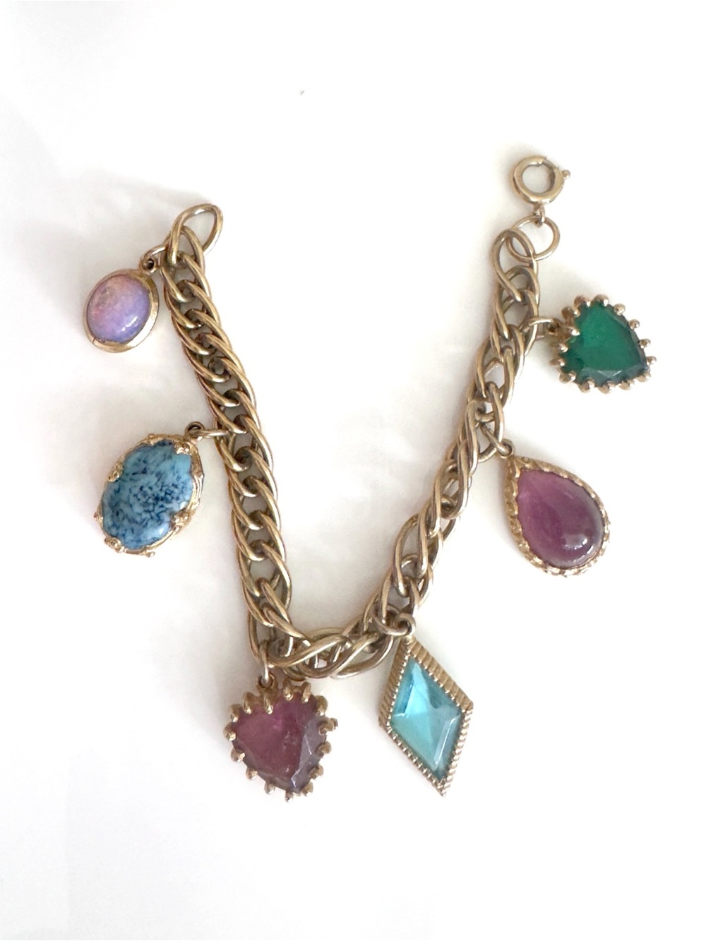 Antique Vintage Gold Tone Gemstone Opal Ruby Charm Bracelet Germany